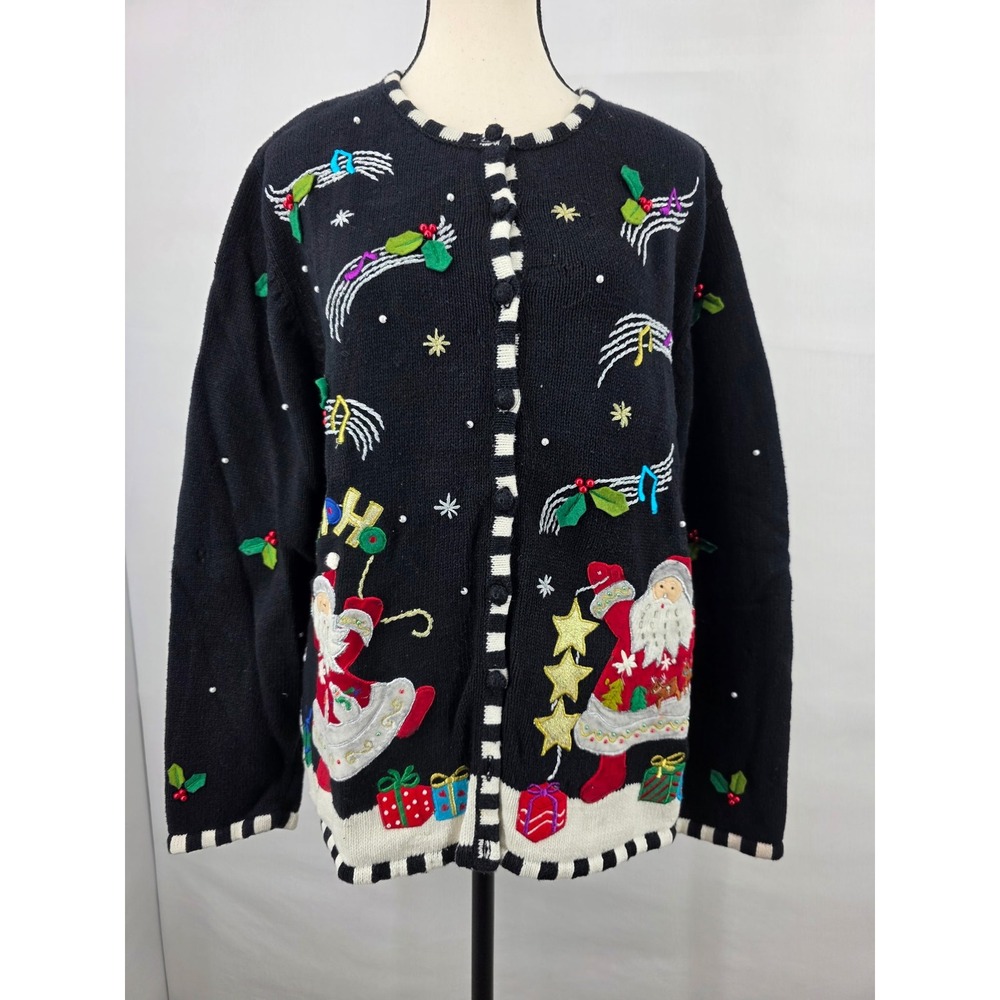 Designers Originals Studio Joy Christmas Santa Cardigan Sweater Black 1X XL